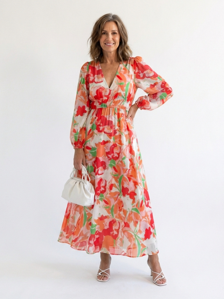 Duttini | Effortless V Neck Long Sleeve Floral Maxi Dress