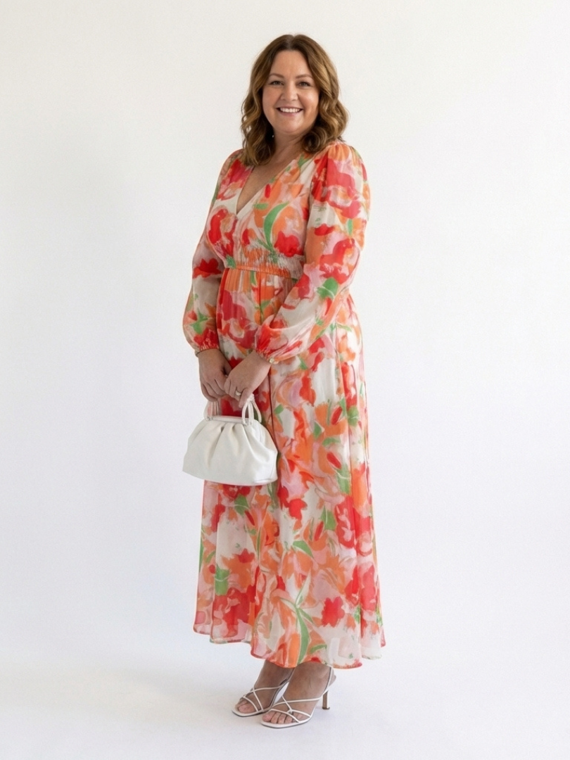 Duttini | Effortless V Neck Long Sleeve Floral Maxi Dress