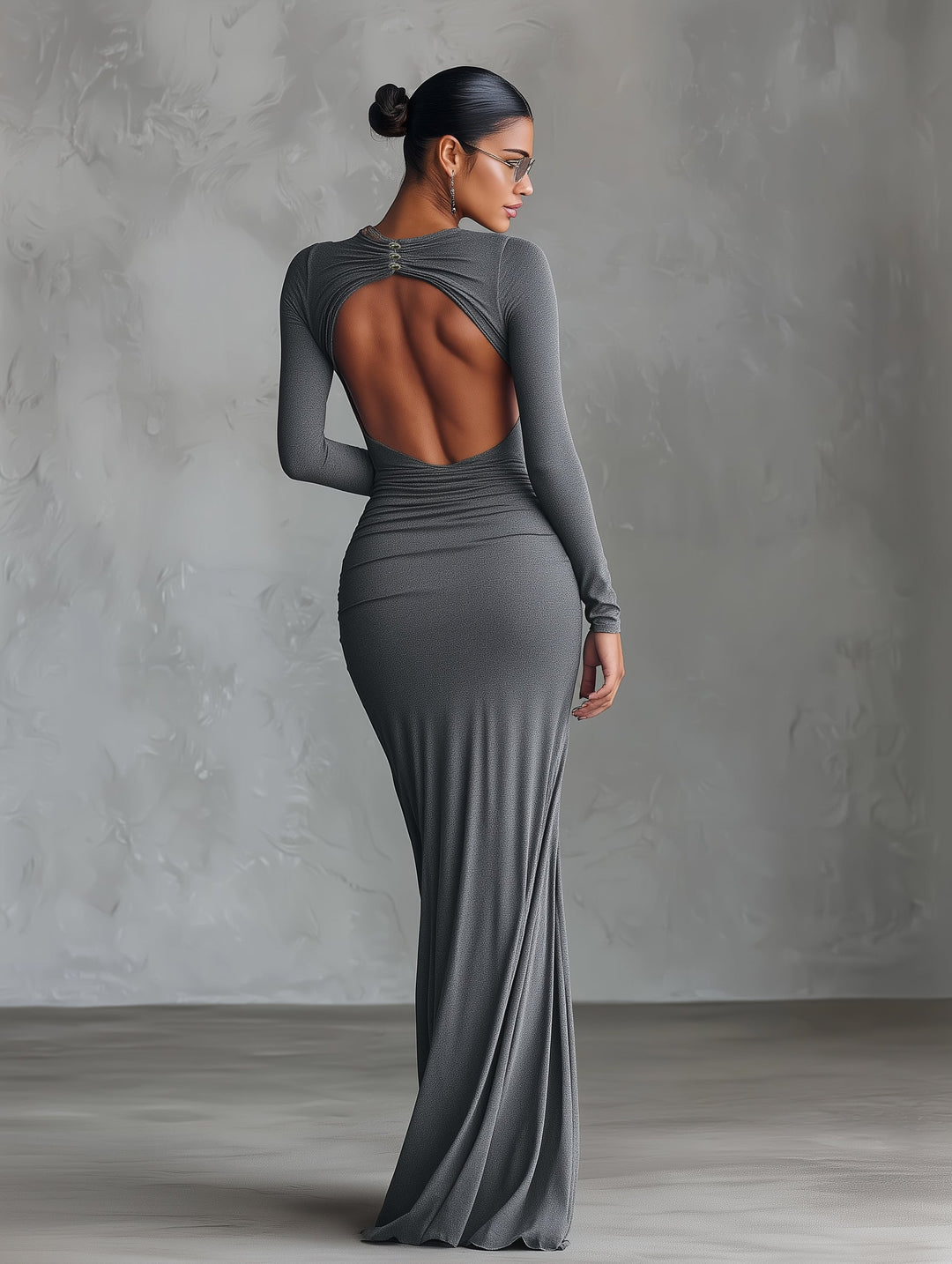 Duttini | Grey Knit Ruched Evening Dress