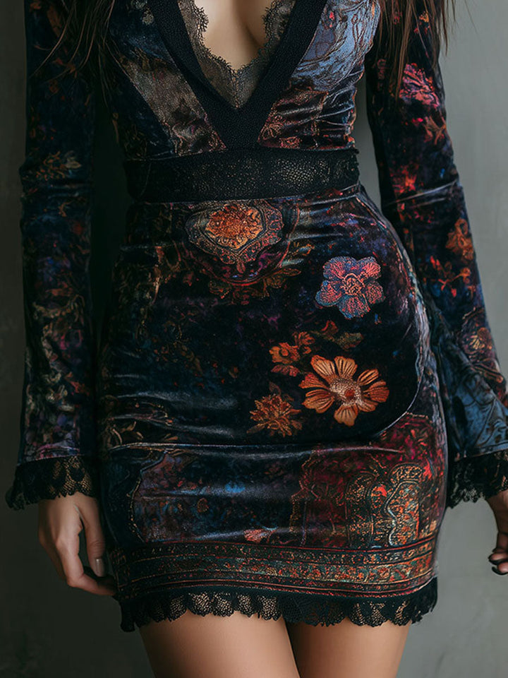 Duttini | Boho Floral Print V-Neck Velvet Dress