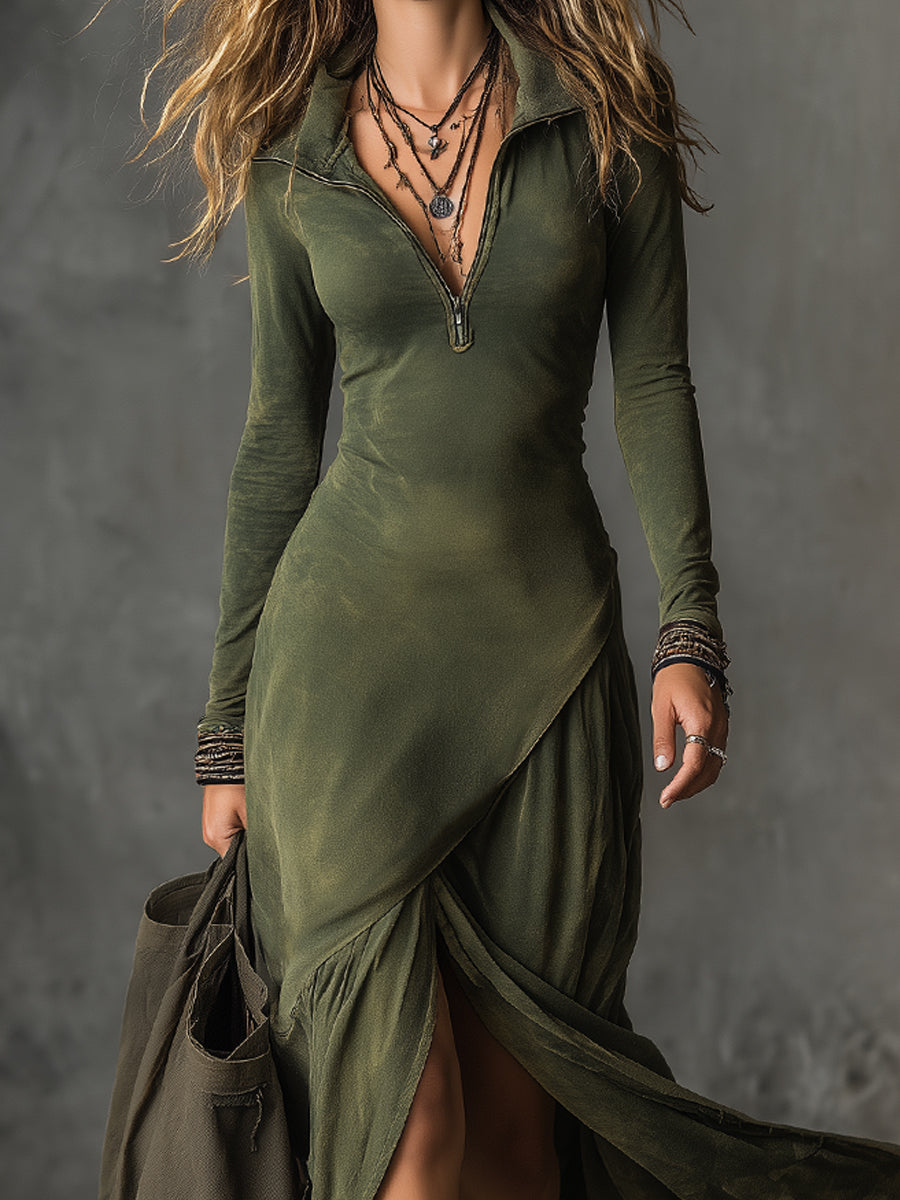 Duttini | Bohemian Washed Cotton Half-Zip Hem Dress