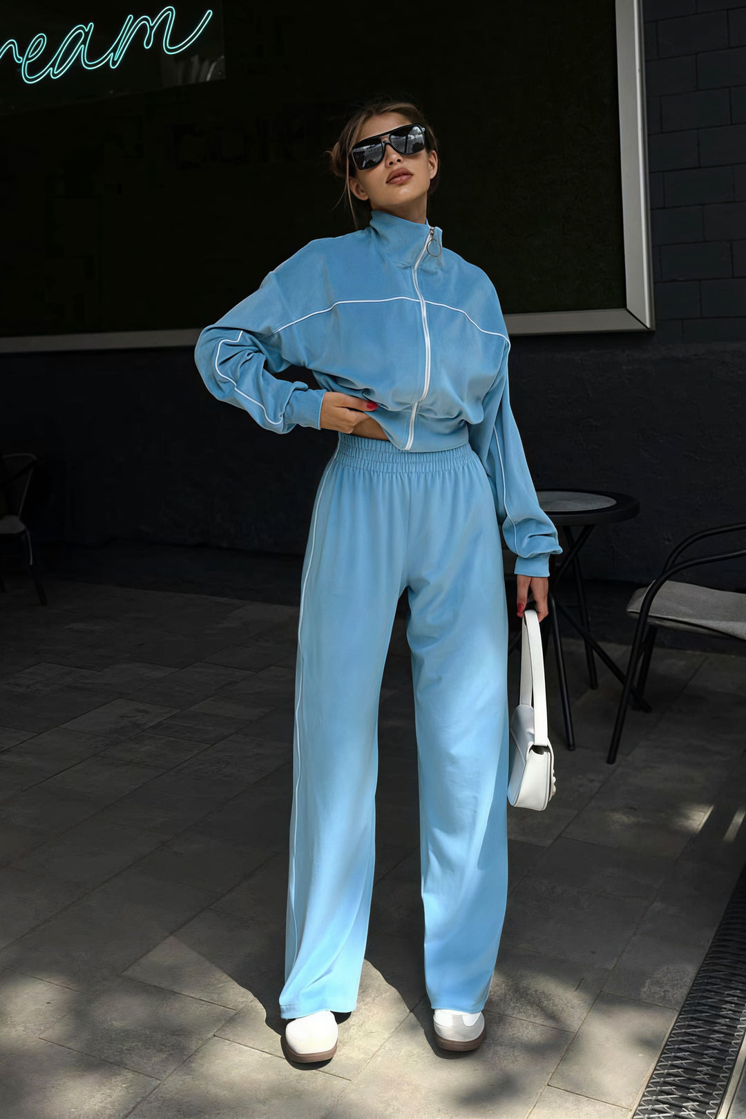 Duttini | Velvet Collar Zipper Long Sleeve Two Piece Set
