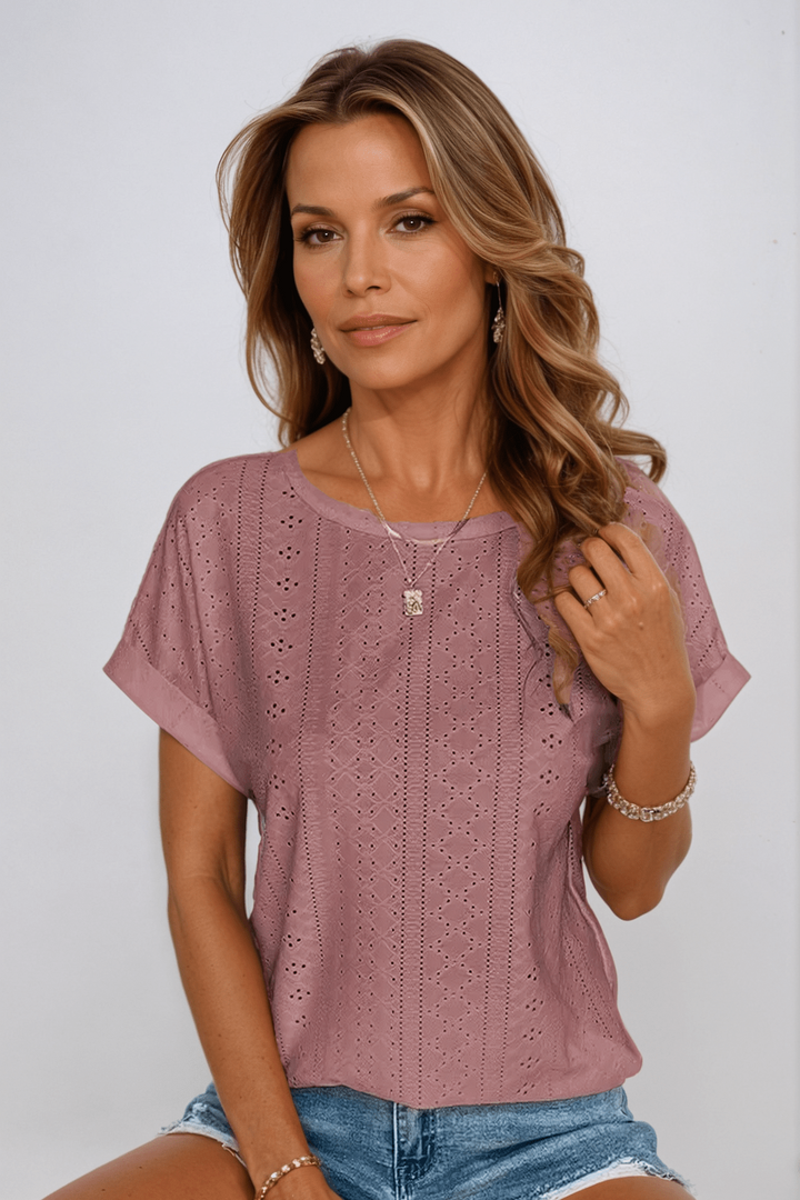 Duttini | Graceful Eyelet Embroidered Crew Neck Short Sleeve Top