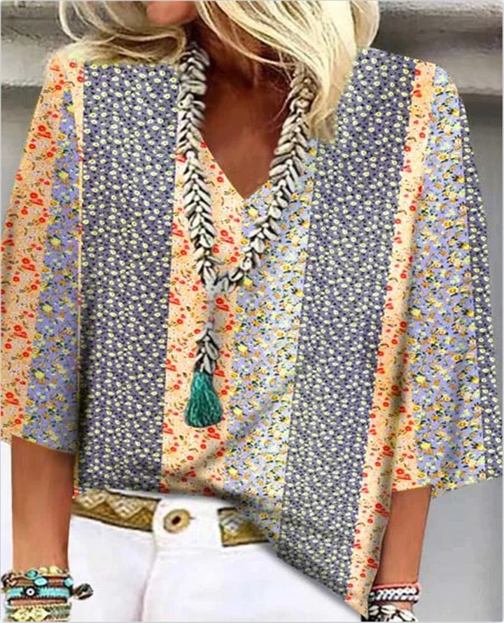Duttini | Flowing Ditsy Floral Patchwork V-Neck 3/4 Sleeve Top