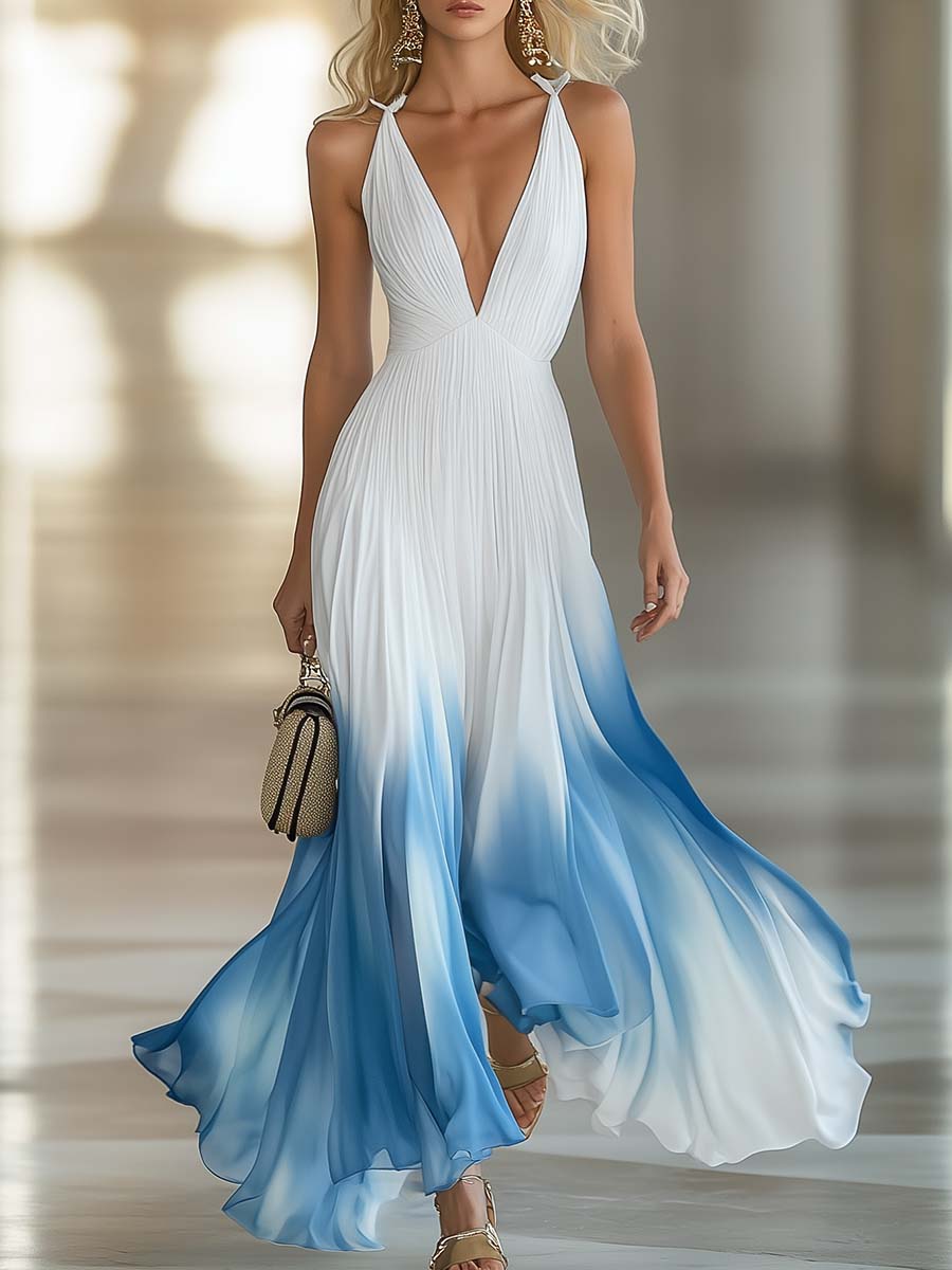 Duttini | White Chiffon V-Neck Evening Dress