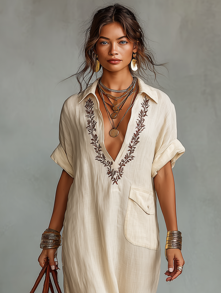 Duttini | Red Linen Embroidered Dress