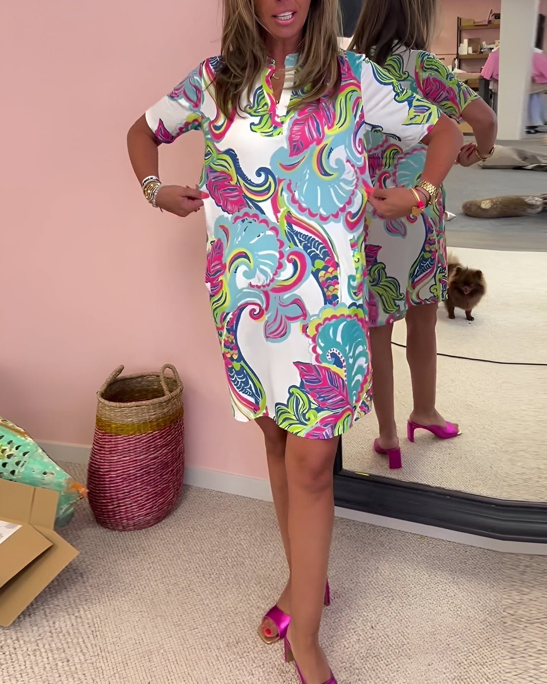 Duttini | Effortless V Neck Tummy Control Printed Draped Dress Casual Summer