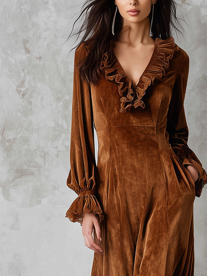 Duttini | Retro Ruffle Neck Lace Trim Dress