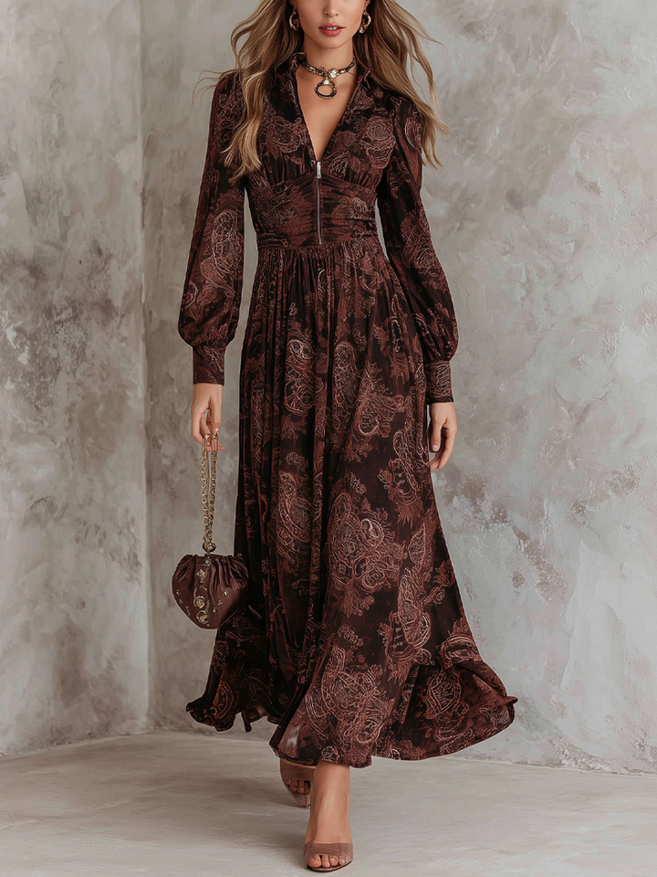 Duttini | Retro Zipper Neck Long Sleeve Dress