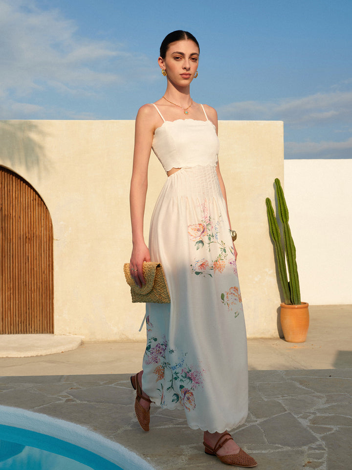 Duttini | Elegant Floral Maxi Dress Cutout Waist Scallop Hem Sundress
