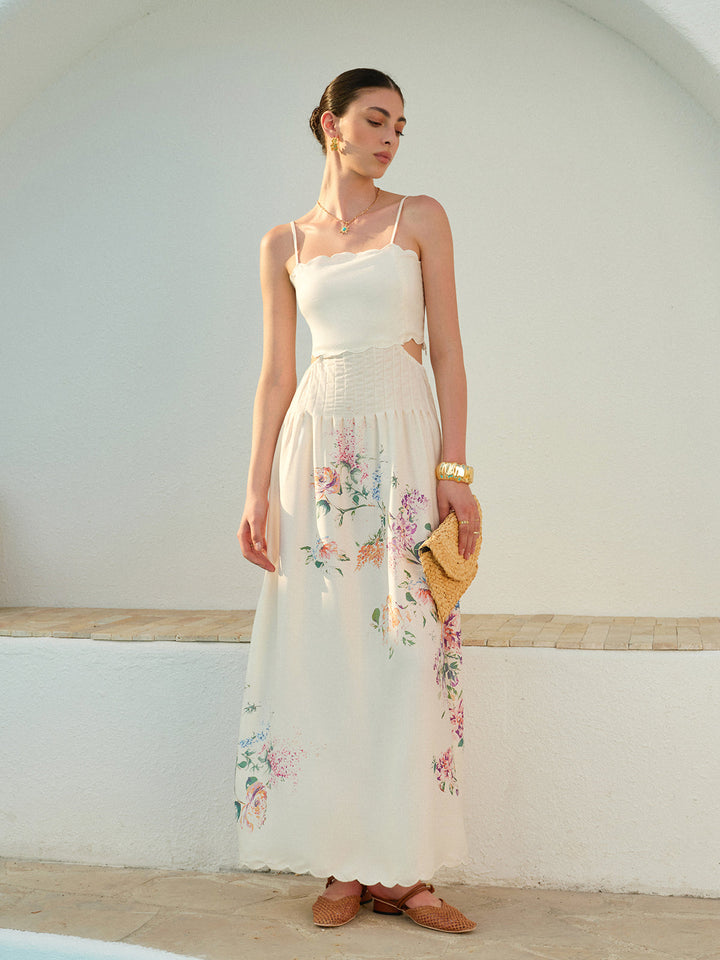 Duttini | Elegant Floral Maxi Dress Cutout Waist Scallop Hem Sundress