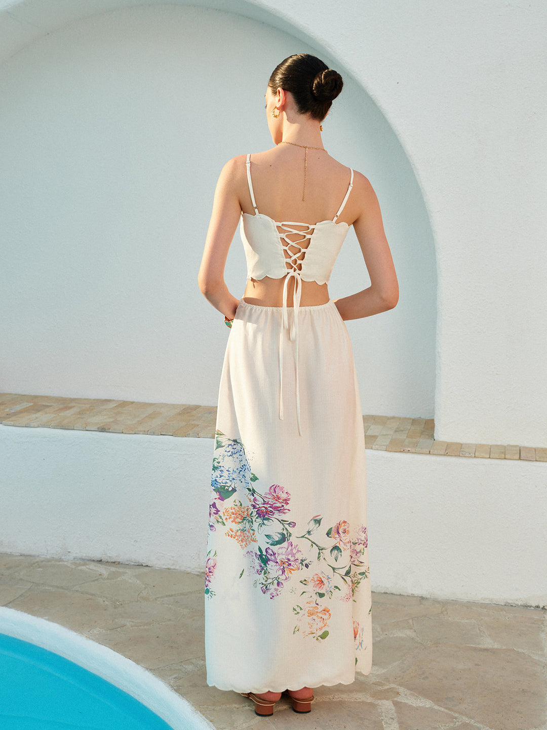 Duttini | Elegant Floral Maxi Dress Cutout Waist Scallop Hem Sundress