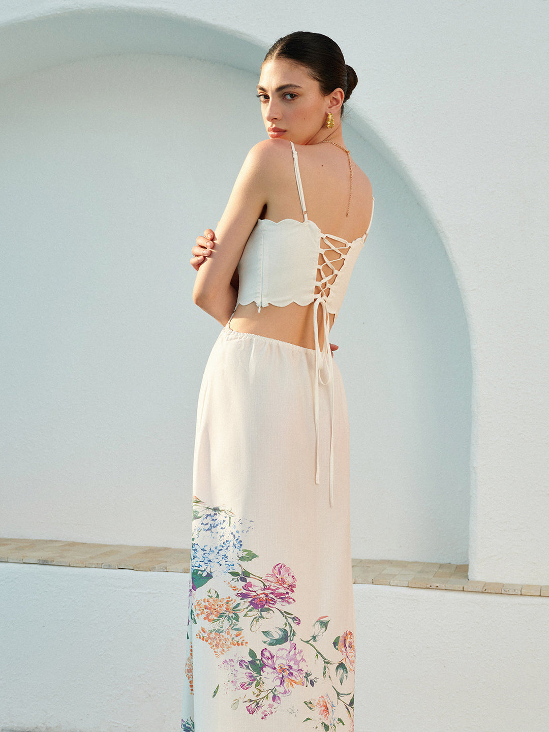 Duttini | Elegant Floral Maxi Dress Cutout Waist Scallop Hem Sundress