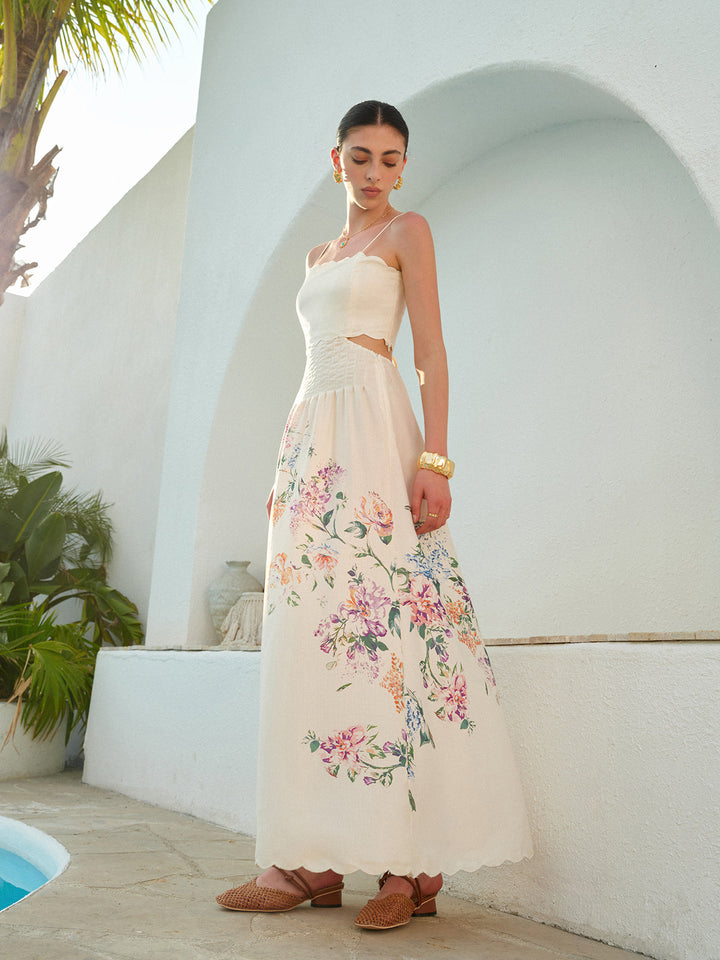 Duttini | Elegant Floral Maxi Dress Cutout Waist Scallop Hem Sundress