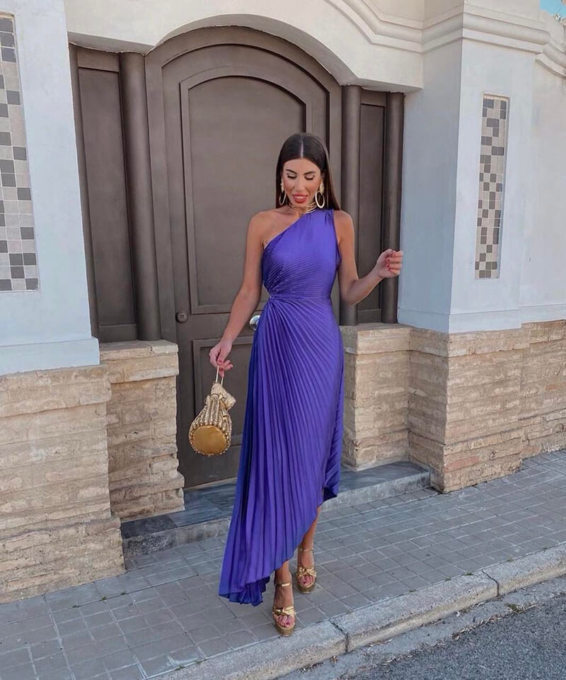 Duttini | Flowing Wedding Guest One Shoulder Asymmetric Midi Dress Evening