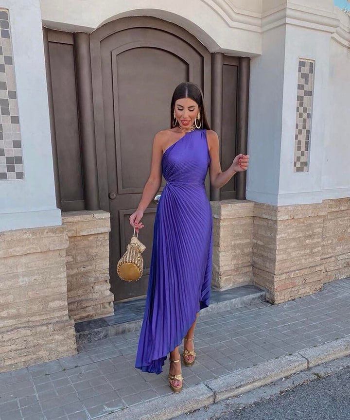 Duttini | Flowing Wedding Guest One Shoulder Asymmetric Midi Dress Evening