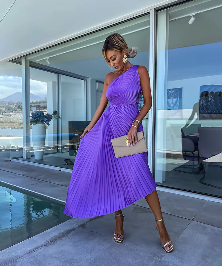 Duttini | Flowing Wedding Guest One Shoulder Asymmetric Midi Dress Evening