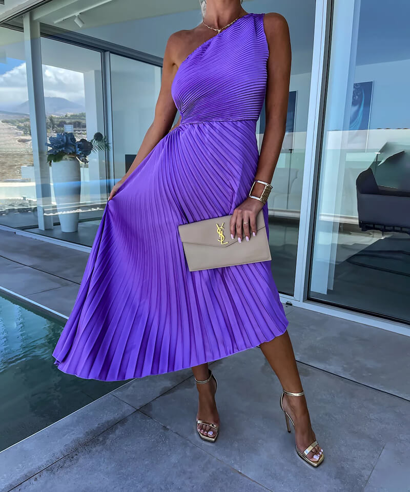 Duttini | Flowing Wedding Guest One Shoulder Asymmetric Midi Dress Evening