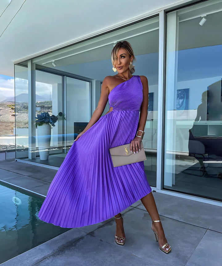 Duttini | Flowing Wedding Guest One Shoulder Asymmetric Midi Dress Evening