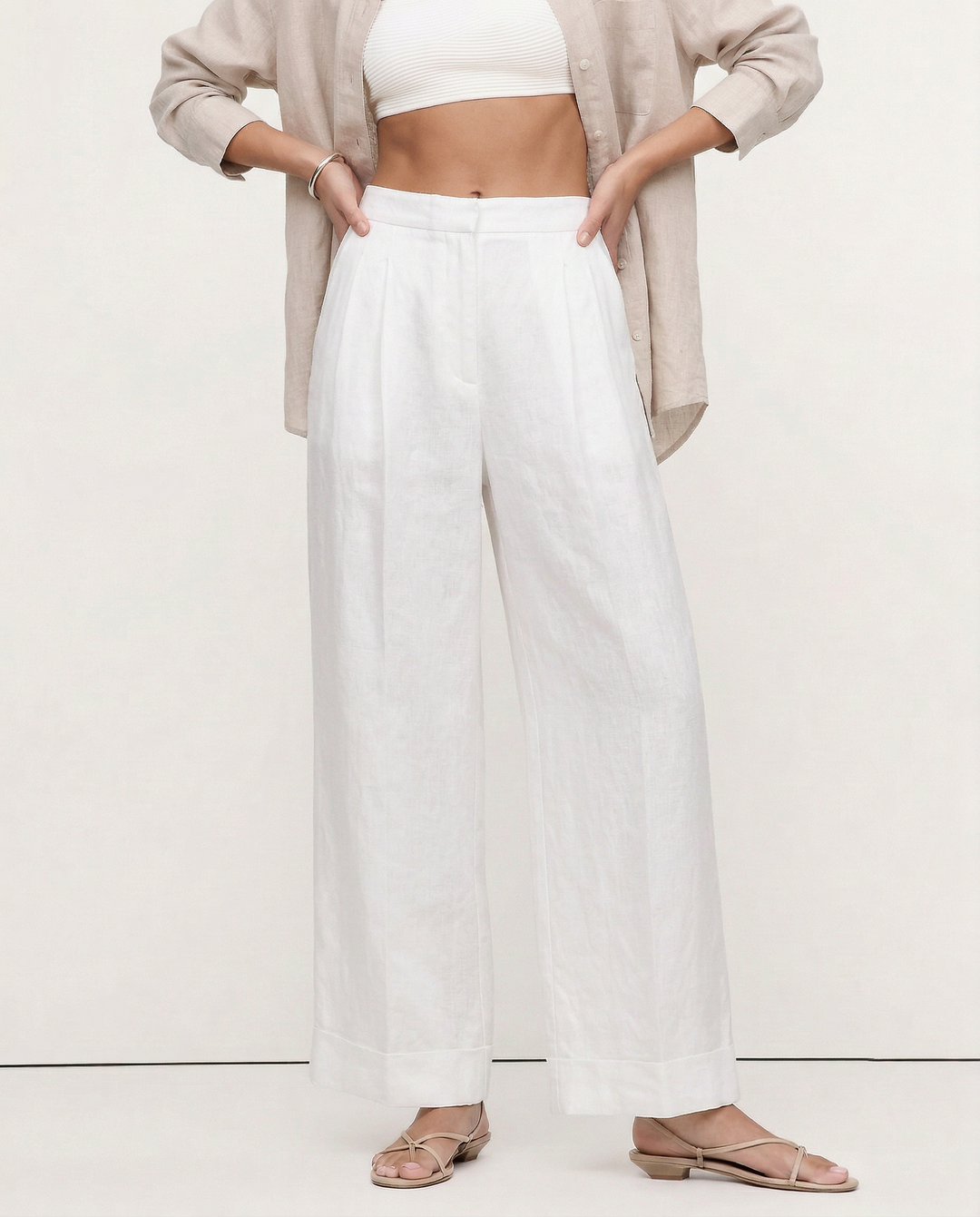 Duttini | Pleated Wide Leg Linen Pant for Women in Natural