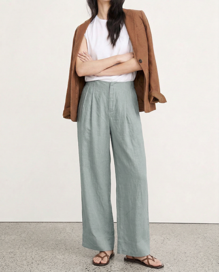 Duttini | Pleated Wide Leg Linen Pant for Women in Natural