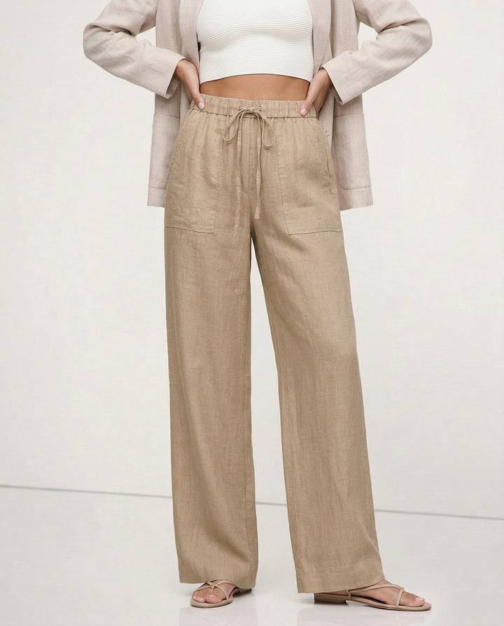 Duttini | Linen Drawstring Straight Pants for Women in Beige