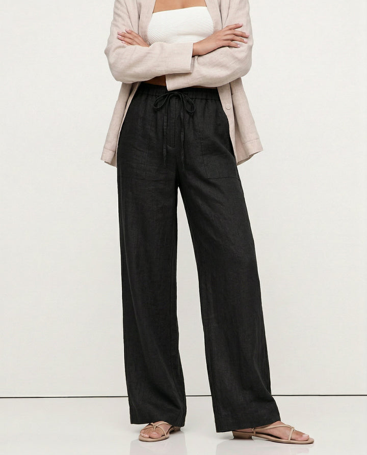 Duttini | Linen Drawstring Straight Pants for Women in Beige