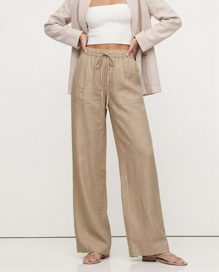 Duttini | Linen Drawstring Straight Pants for Women in Beige