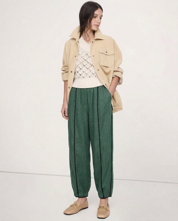 Duttini | Green Stripe Linen Wide Leg Pant