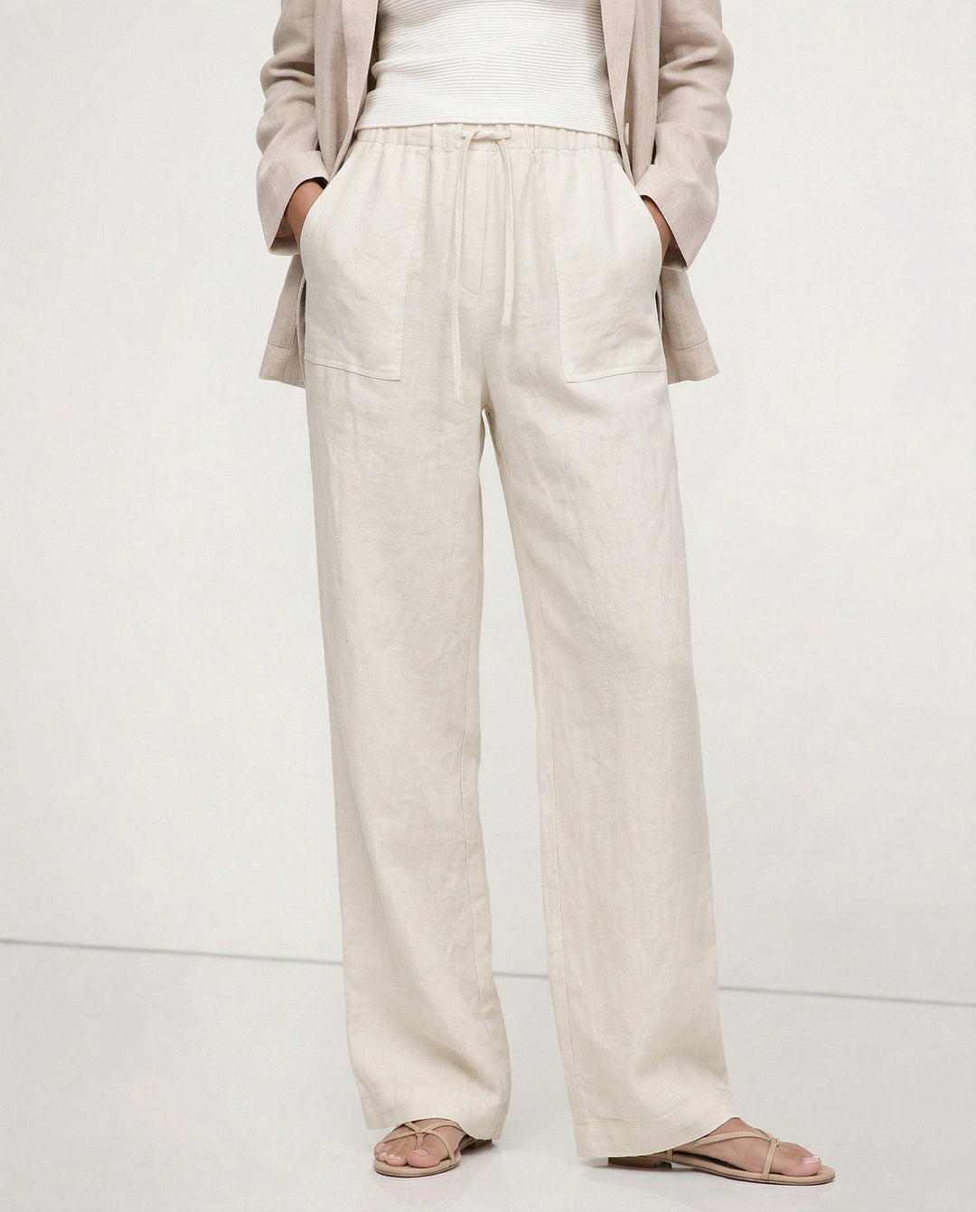 Duttini | Linen Drawstring Straight Pants for Women in Beige
