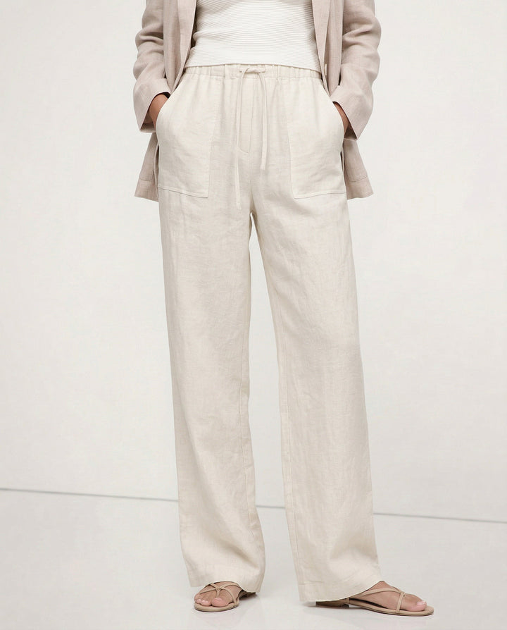 Duttini | Linen Drawstring Straight Pants for Women in Beige