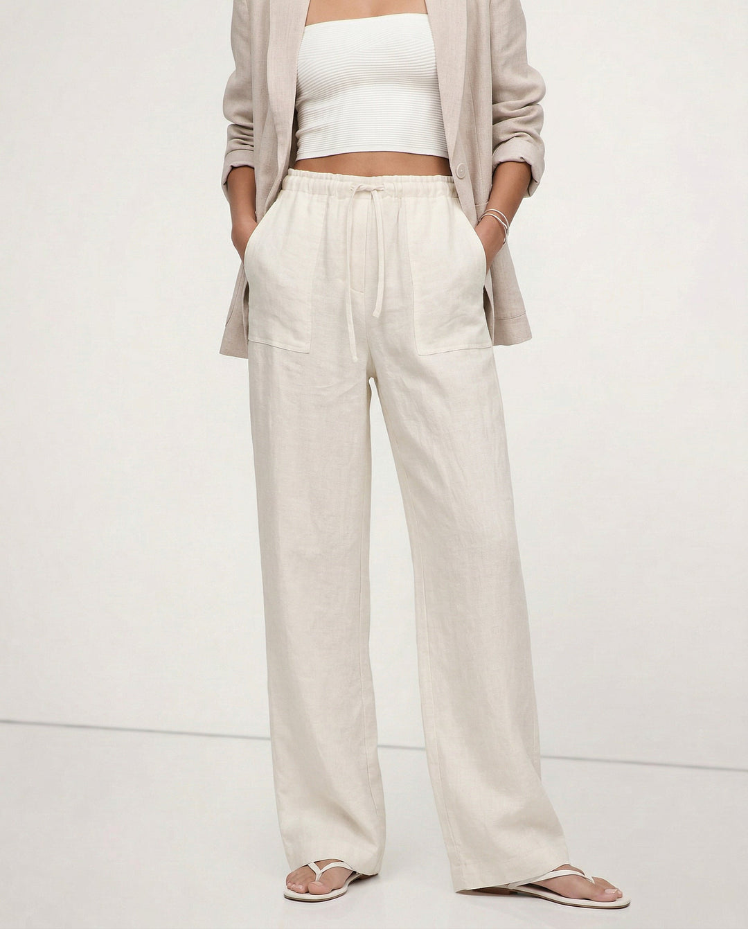 Duttini | Linen Drawstring Straight Pants for Women in Beige