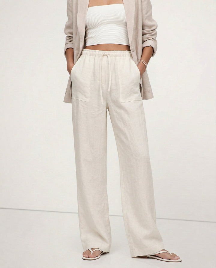 Duttini | Linen Drawstring Straight Pants for Women in Beige