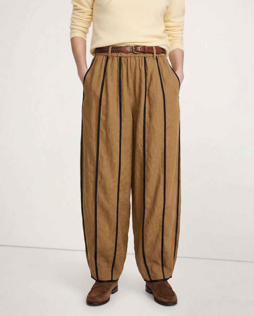 Duttini | Green Stripe Linen Wide Leg Pant