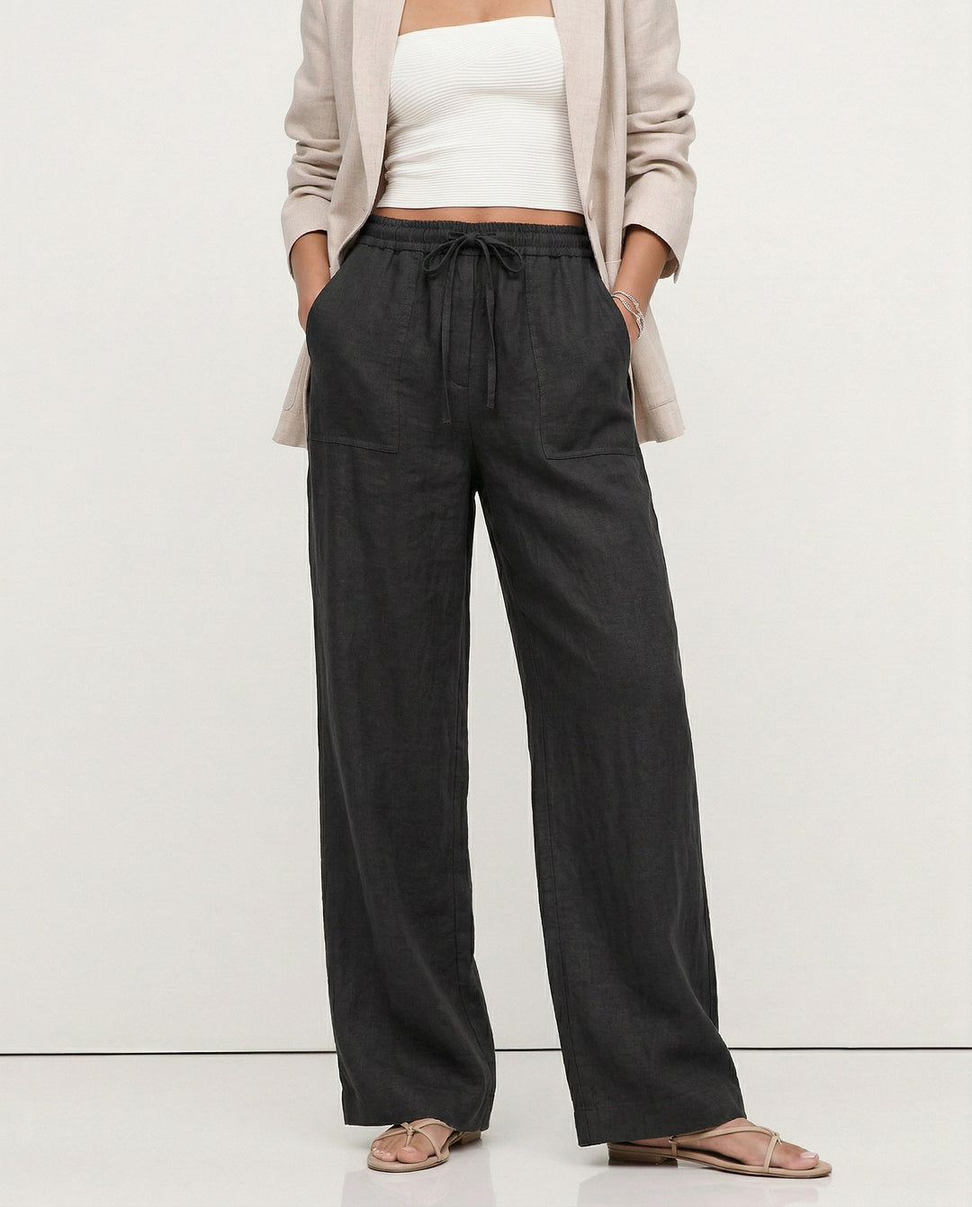 Duttini | Linen Drawstring Straight Pants for Women in Beige
