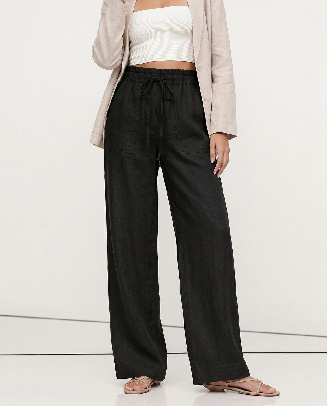 Duttini | Linen Drawstring Straight Pants for Women in Beige
