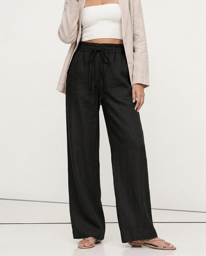 Duttini | Linen Drawstring Straight Pants for Women in Beige