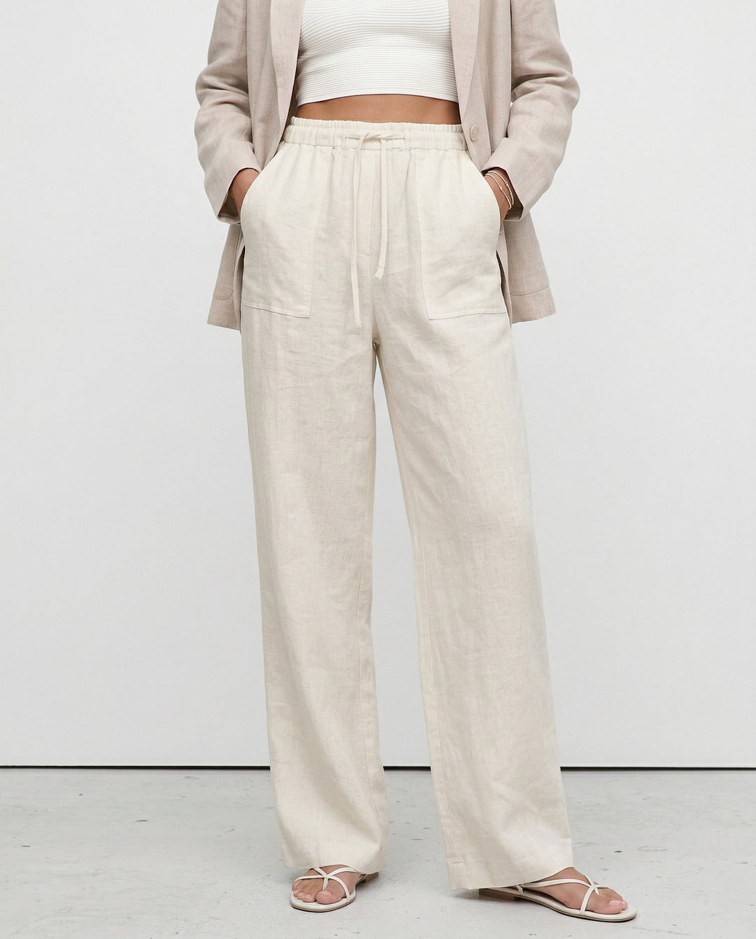 Duttini | Linen Drawstring Straight Pants for Women in Beige