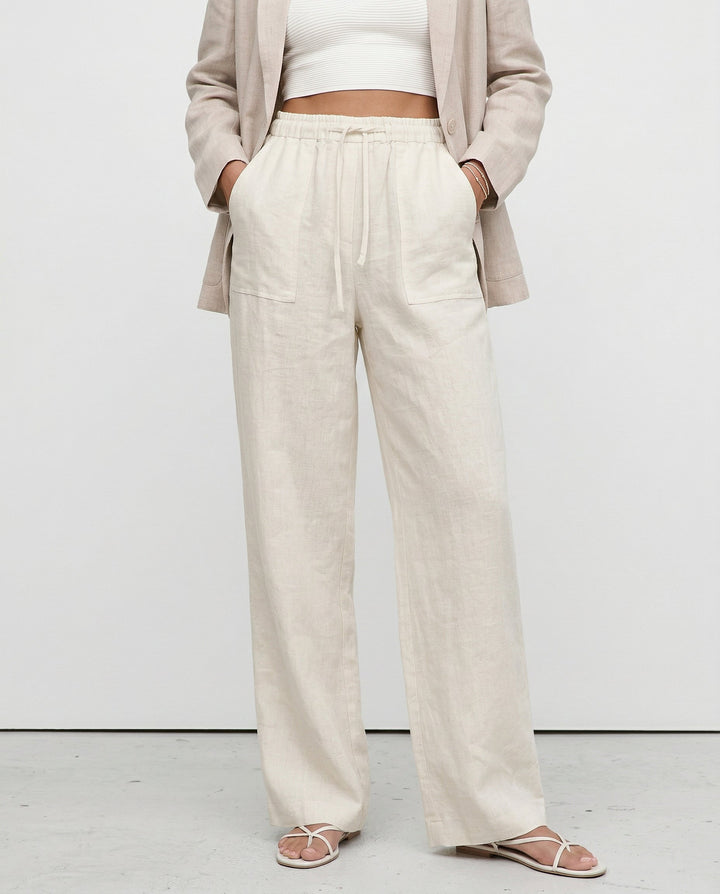 Duttini | Linen Drawstring Straight Pants for Women in Beige