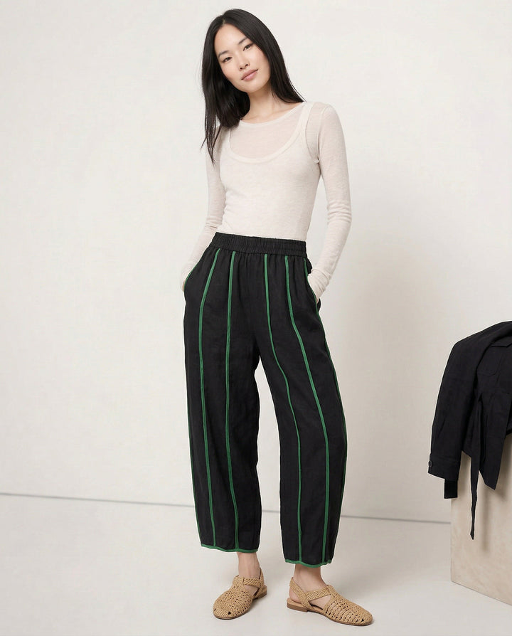 Duttini | Green Stripe Linen Wide Leg Pant