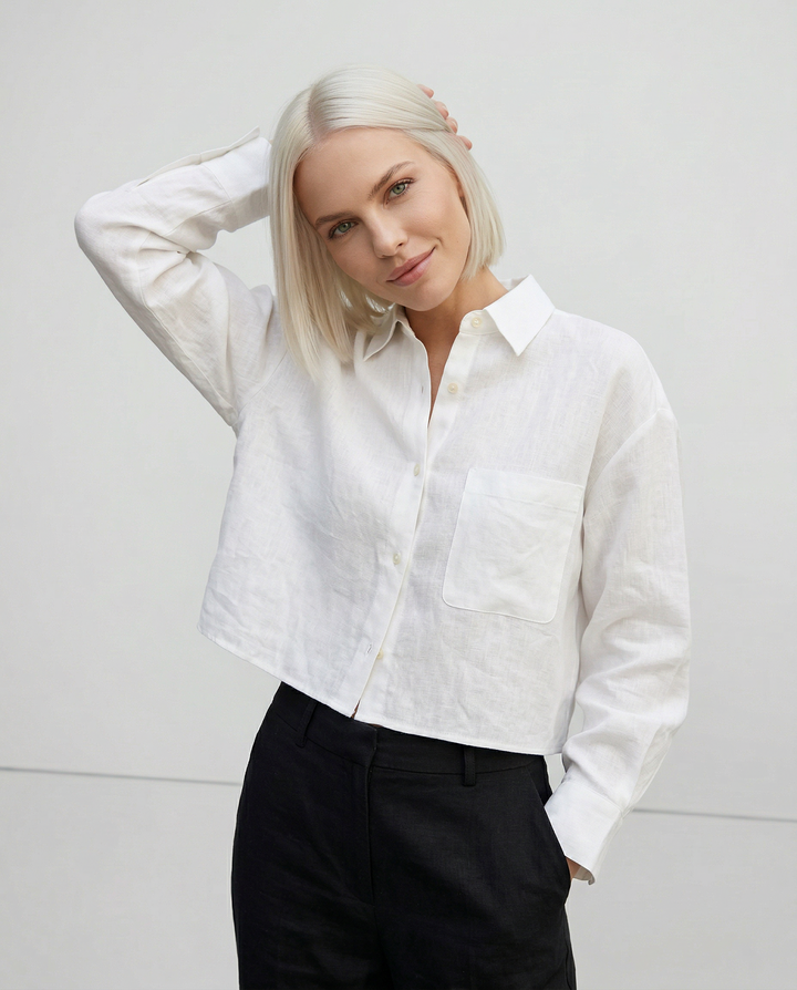 Duttini | Cropped Long Sleeve Linen Shirt for Women in White