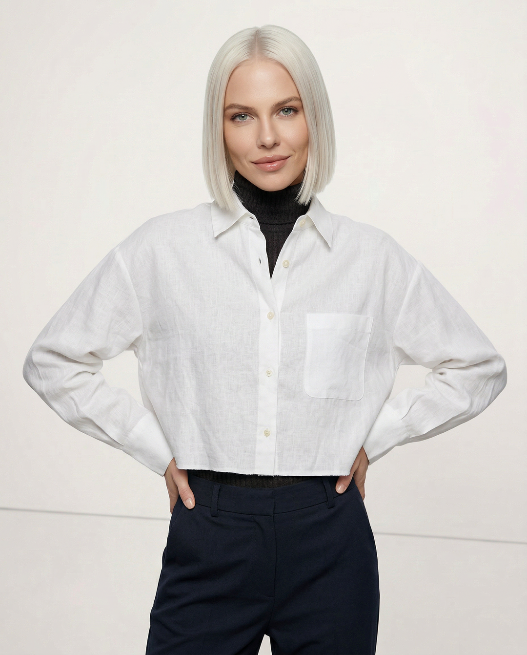 Duttini | Cropped Long Sleeve Linen Shirt for Women in White