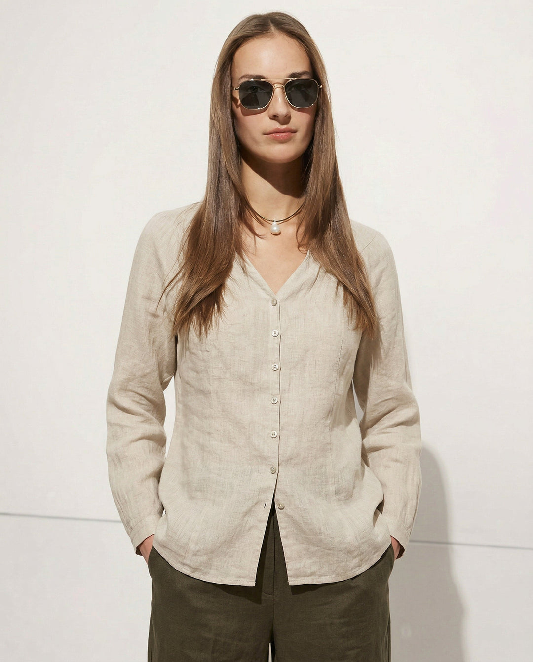 Duttini | Fitted V-Neck Linen Blouse for Women