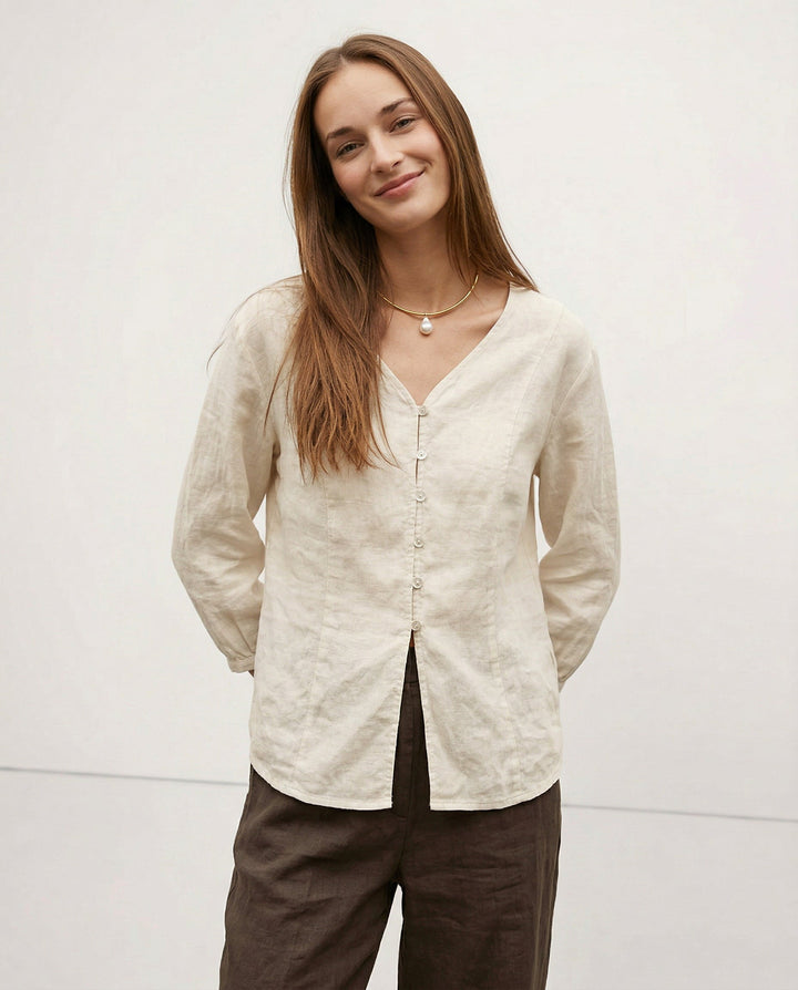 Duttini | Fitted V-Neck Linen Blouse for Women
