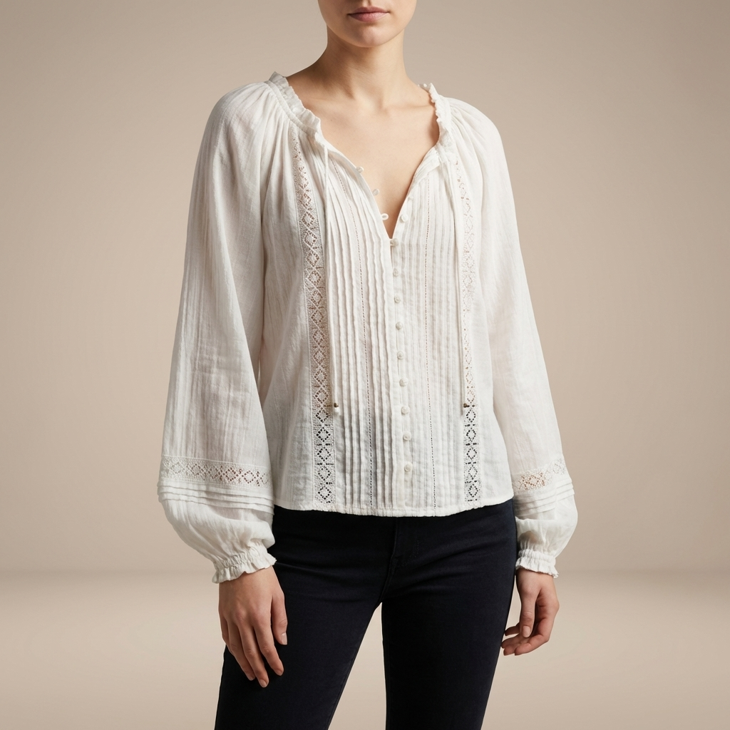 Duttini | Feminine Bohemian-Inspired Pintuck And Lace Long Sleeve Blouse With Ruffled Neckline