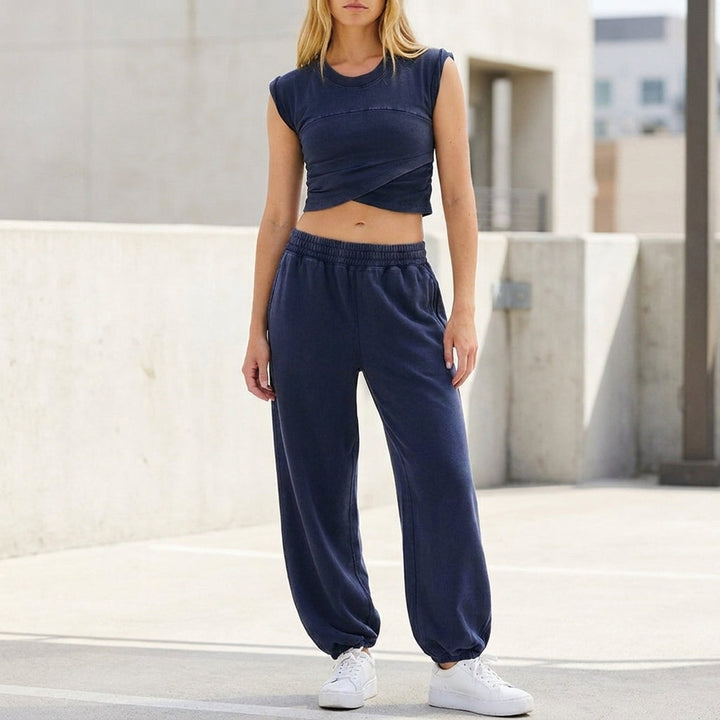 Duttini | Statement Contemporary Two-Piece Wrap-Front Cropped Top And Relaxed Joggers Set