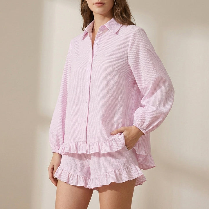 Duttini | Sculpted Oversized Striped Two-Piece Set With Dramatic Bubble Sleeves And Ruffled Hem