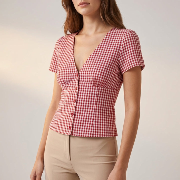 Duttini | Feminine Fitted Cropped V-Neck Blouse With Puff Sleeves And Gingham Pattern