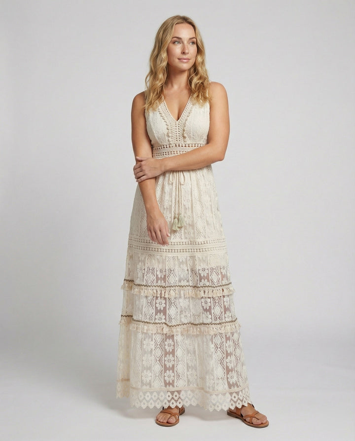 Duttini | Luxe Bohemian Lace Maxi Dress With Tiered Skirt And Tassel Waist