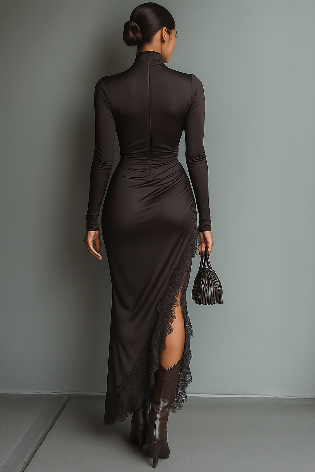 Duttini | Dark Brown Satin Irregular Hem Dress